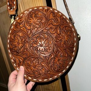 Hand-Tooled Leather Floral Round Crossbody Bag-Canteen Bag